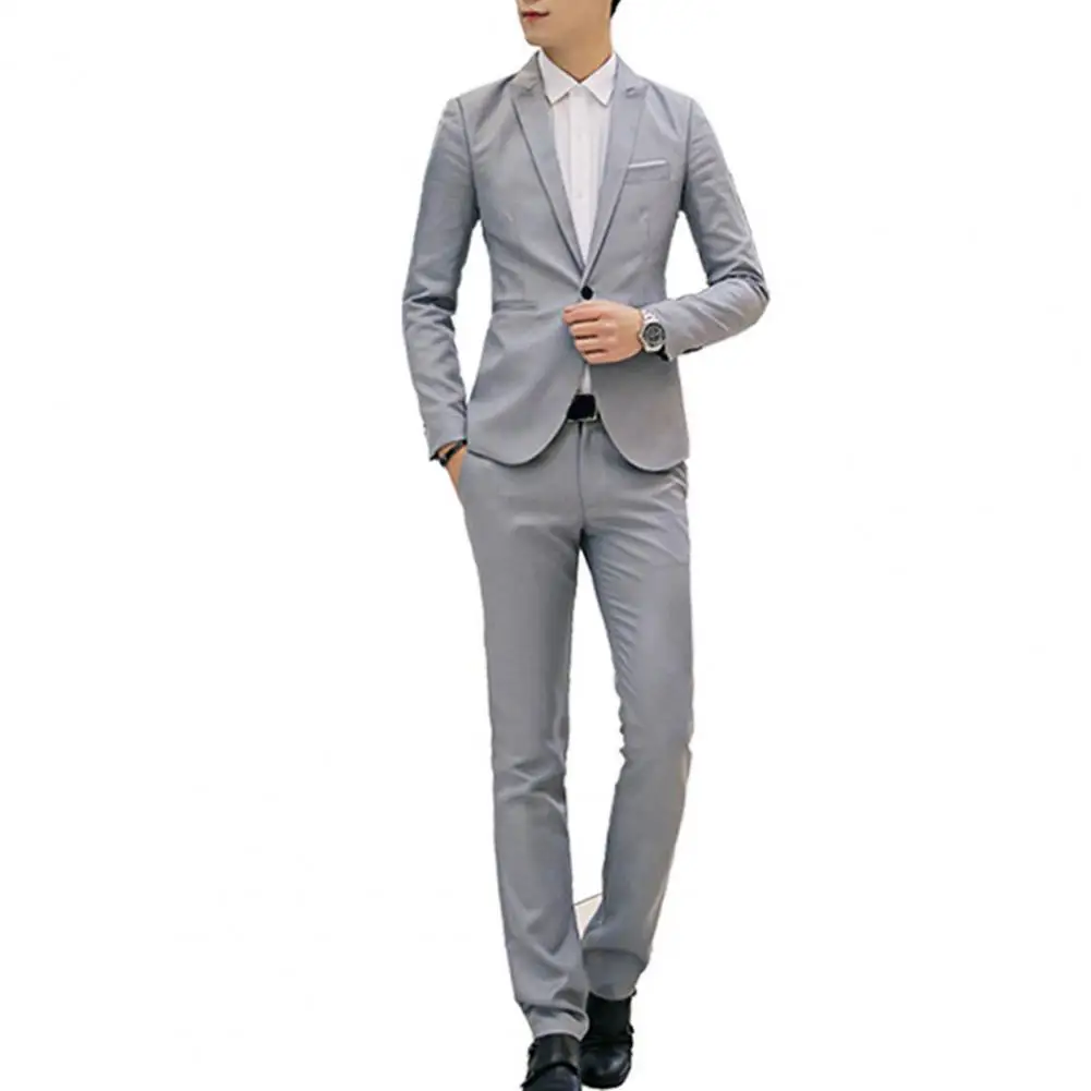 Men Pants Set Men's Spring Autumn Business Suit Set with Lapel Slim Fit Pants Solid Color Long Sleeve Single Button Mid-rise