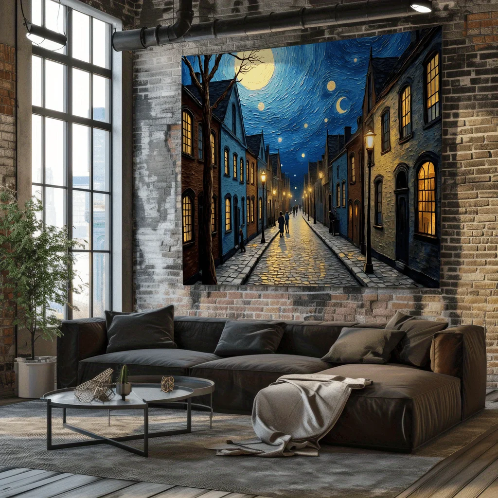1pc Large European Town Night Tapestry Wall Hanging - Van Gogh-Inspired Starry Night Effect, Cobblestone Streets & Moonlit House