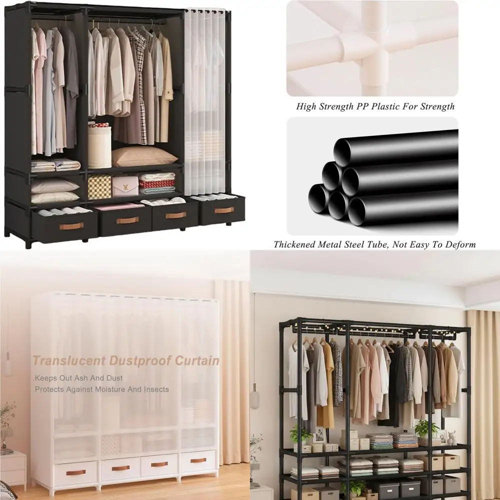 

Sturdy Black Portable Wardrobe with 4 Drawers, 3 Hanging Bars, and 6 Shelves, 56.2L x 17.7W x 65.1H