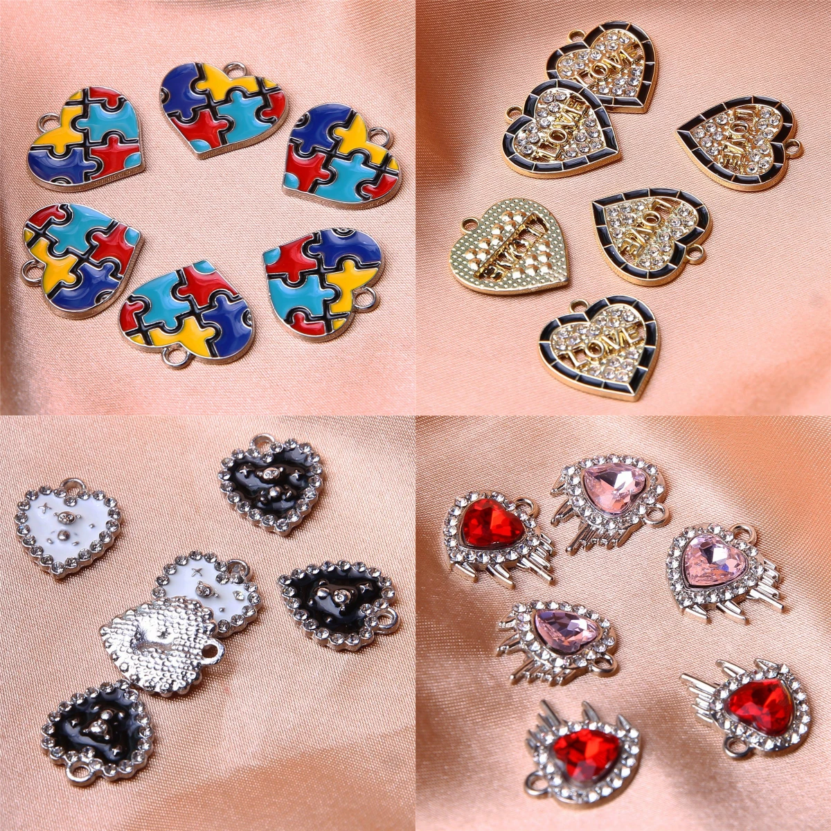 10pcs various heart-shaped pendants, colorful oil-drip dot drills, hollow love oil-drip alloy pendants, diy jewelry accessories