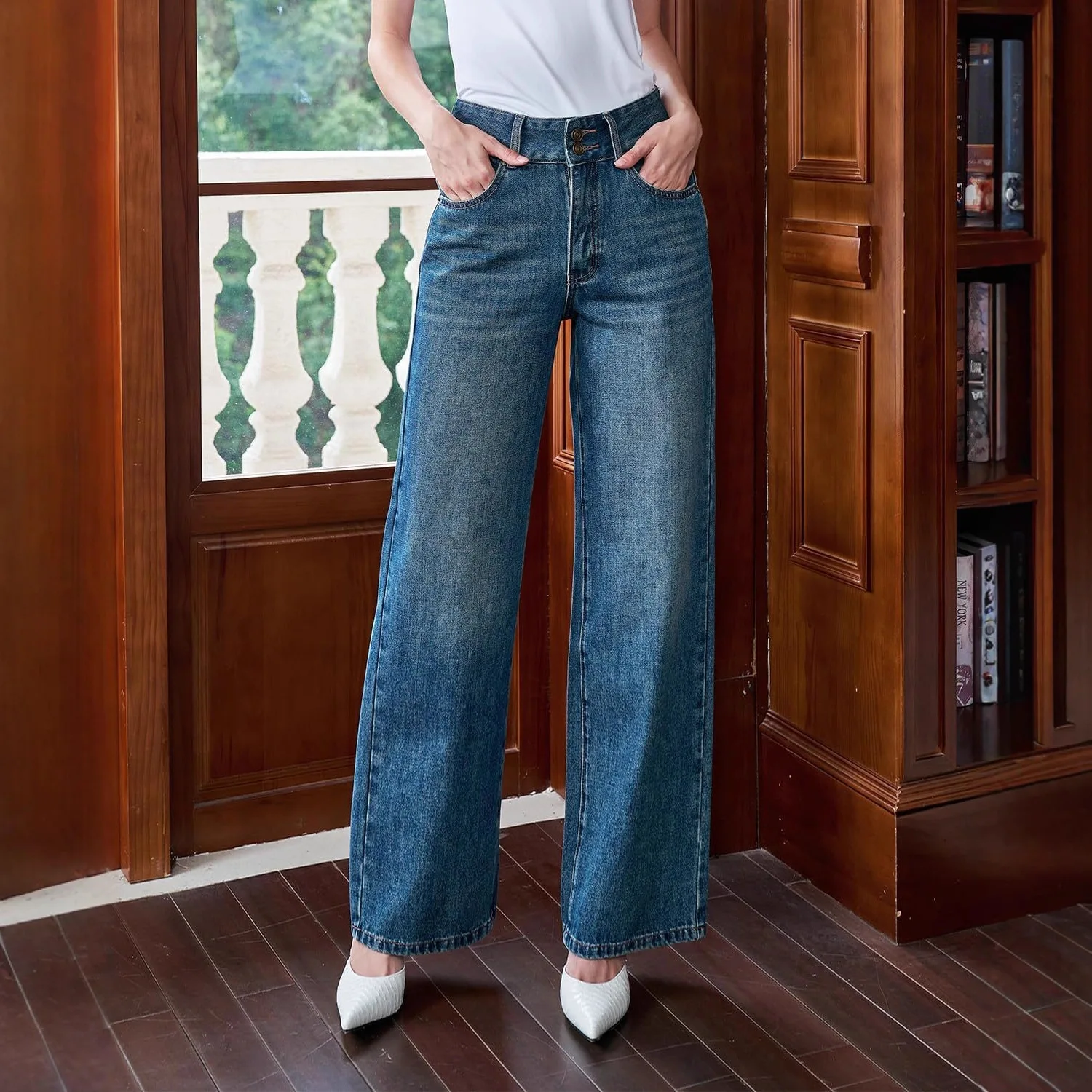 

Джинсы Y2K с широкими штанинами для женщин, европейско-американский ретро-стиль, с высокой талией, синие, с эффектом потертости, из денима.