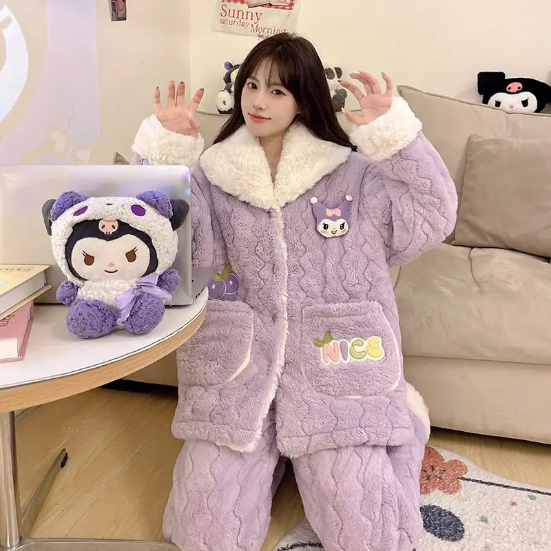 Sanrio Kit Flannel Flip Collar Thickening Three Layer Cotton Pajama Set Kawaii Kuromi Comic Girl Winter Keep Warm Home Clothes