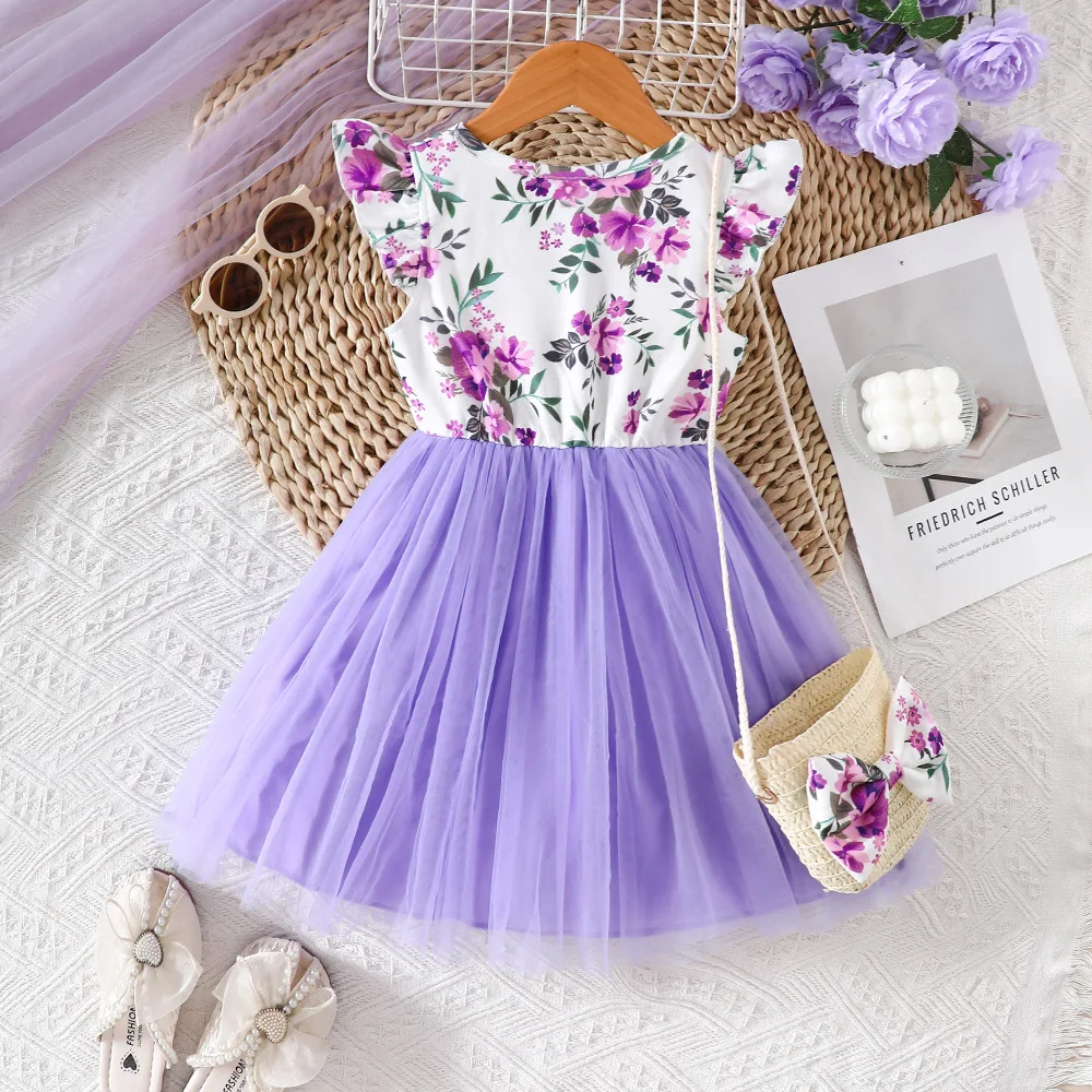 New Spring & Summer Toddler Girls' Purple-White Color-Block Dress - Purple Floral Print, Flutter Sleeves & Mesh, Daily Fresh Pri