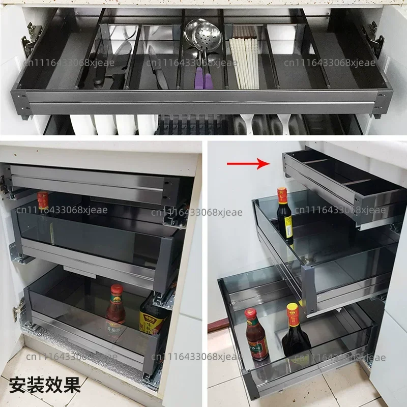 Single-layer kitchen cabinet pull out basket, built-in partition storage storage box, drawer seasoning and spice rack