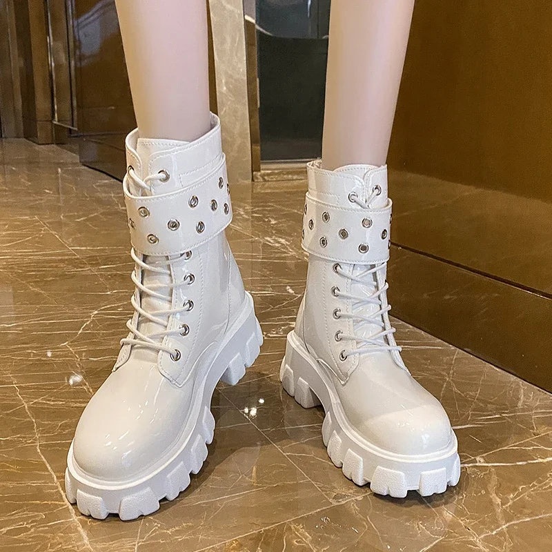 Women's Korean-Style Fashion Mid-Calf Riding Boots British-Style Motorcycle Boots Thick-Soled Glossy Riding Boots Cosplay Boots