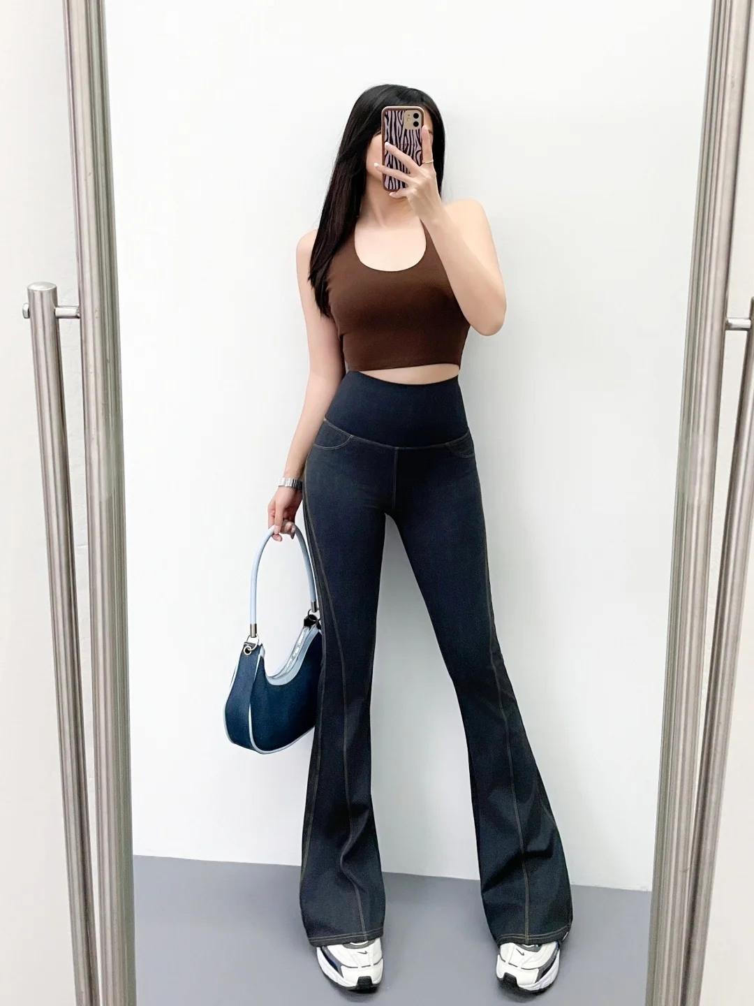 High Waist Yoga Pants Bell Bot Slim Fit Spor Faux Denim Abdomen Control Thin Extended Length Casual Trousers for Women