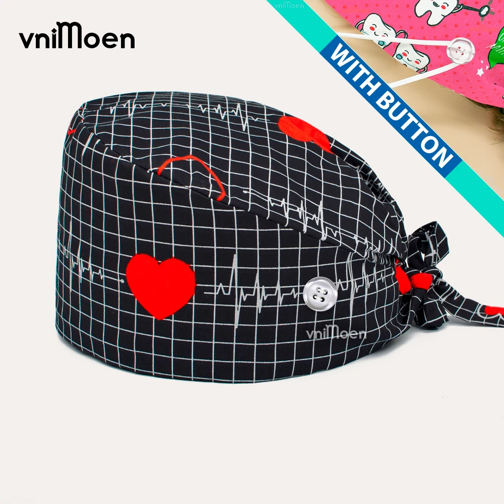 

Love Electrocardiogram style nurse scrub hat with button Breathable Scrub Cap Button Hat Unisex Nurse Work Hat Home cleaning cap