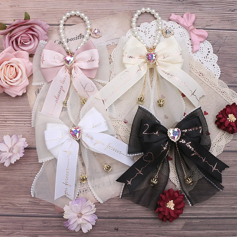 

Handmade Japanese Sweet and Cute Gauze Imitation Pearl Big Bow Rhinestone Crown Pendant Hairpin Hair Accessories for Women