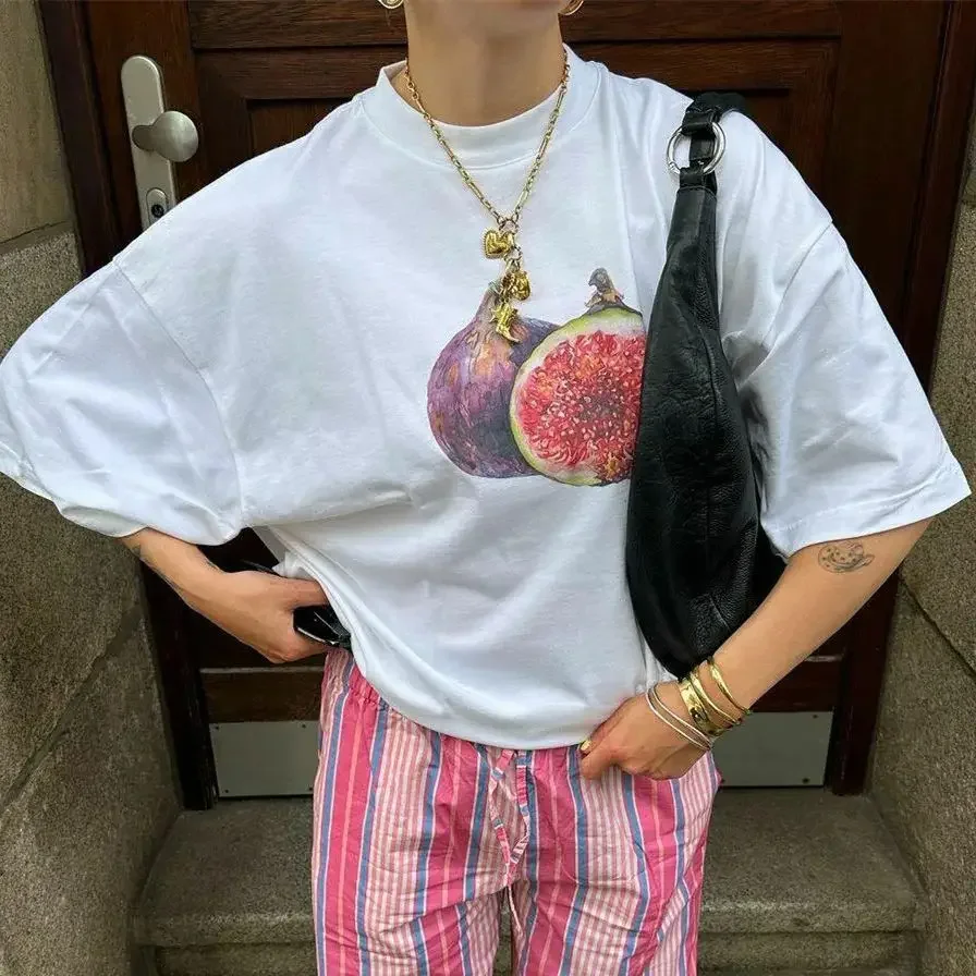 gaono Women Y2k Oversized Shirt Summer Short Sleeve Fruit Print Graphic Short Sleeve Loose Fit Baggy T-shirt Aesthetic Clothes