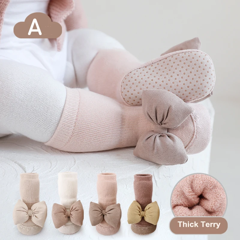 0-2Y Baby Girls Warm Thickened Cushion Socks Shoes Big Bow Knot Princess Non-Slip Suede Sole Floor Shoes Lightweight Pre Walkers