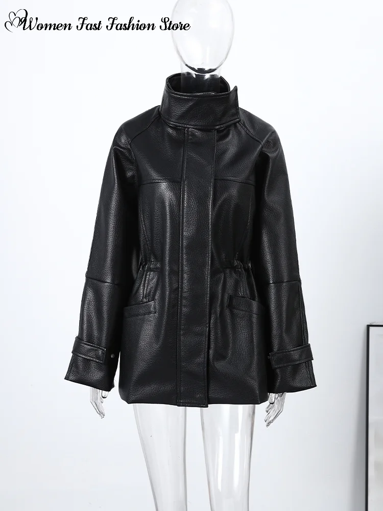 

High Street кожаные куртки с эластичной резинкой на талии, женские повседневные пальто с застежкой-молнией и воротником-стойкой, весна 2026, новая женская шикарная верхняя одежда