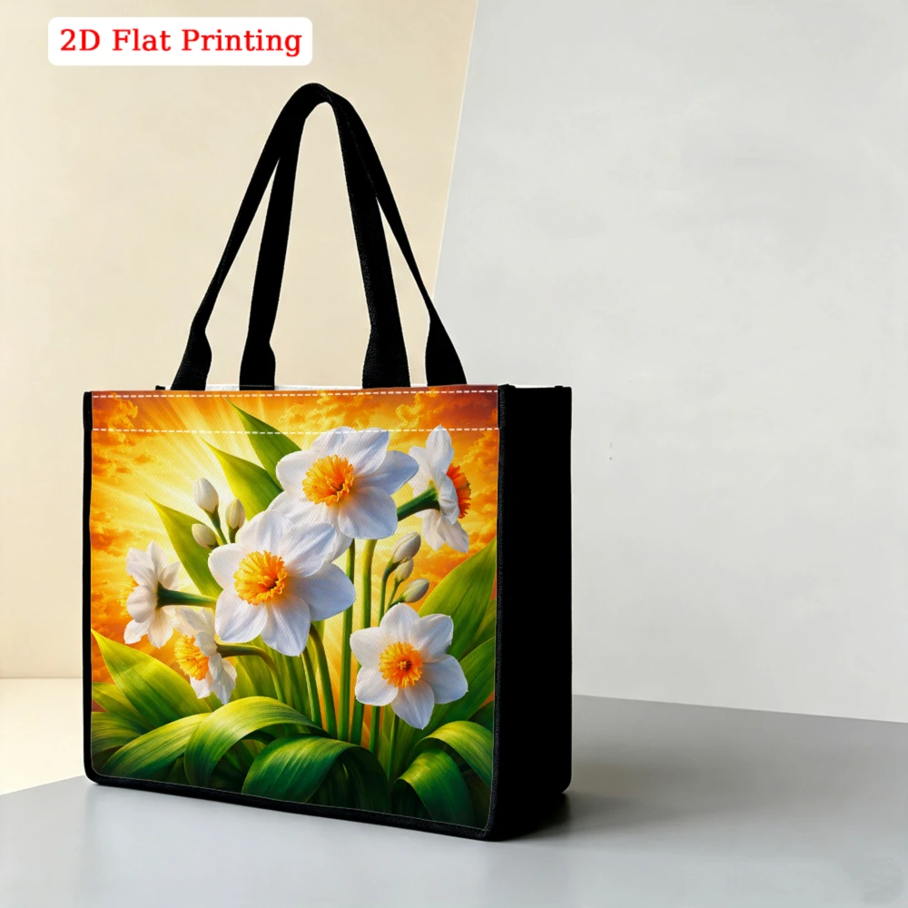 Women's Large Capacity Tote Bag White Daffodil Warm Golden Sunset Print, Spring Fresh Floral Style Handbag for Travel Daily Use