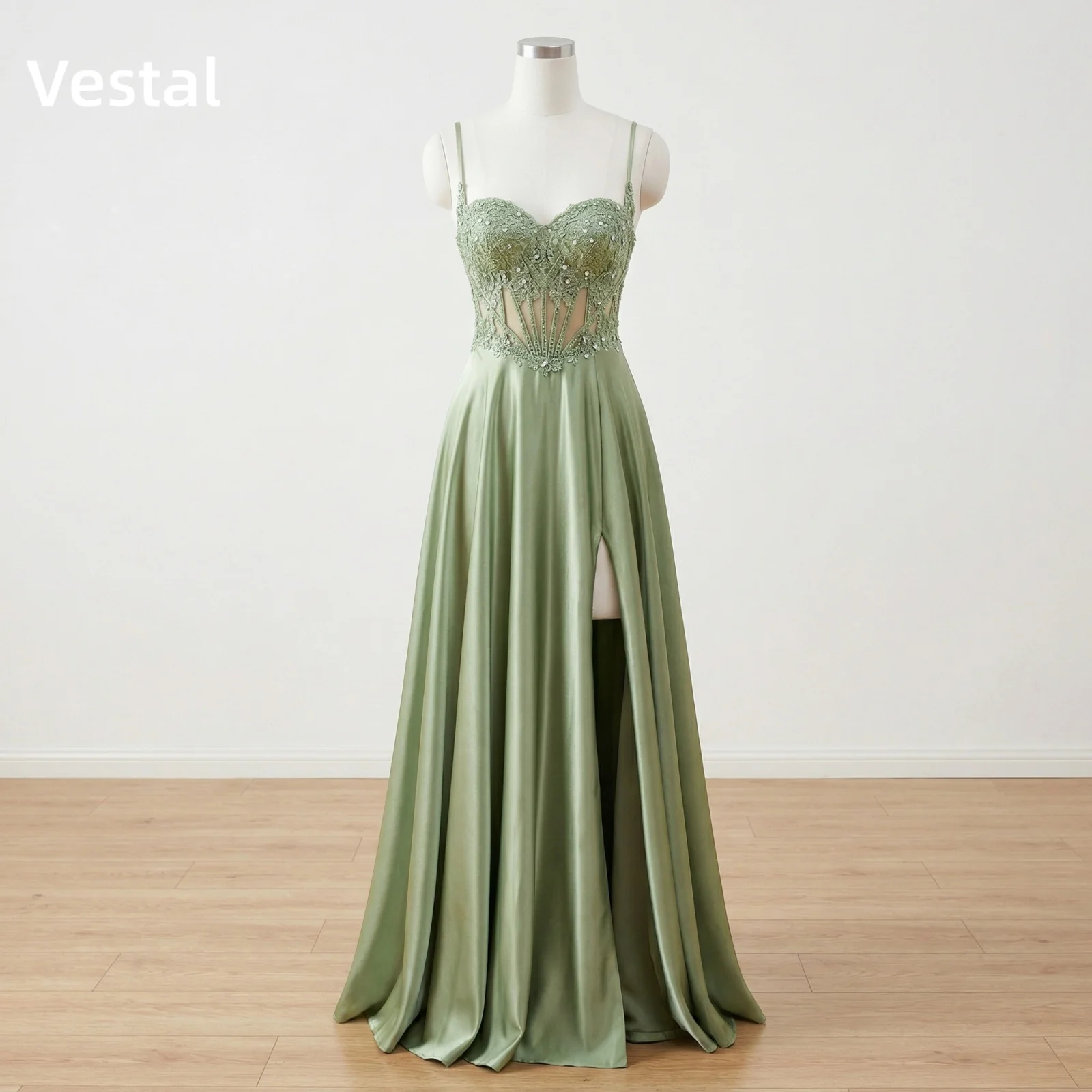 Vestal Sage Green Lace Corset Prom Dress for Women Satin High Slit A line Formal Evening Party Gown Wedding Guest Customized view 3