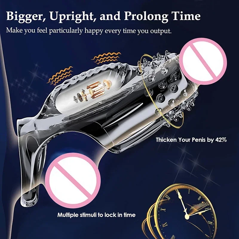 Penis Cock Ring Vibrator Extensions Condom Male Enlargement Clits Massager Cock Ring Vibrating Penis Cover Sex Toys For Men 18+ - view 3