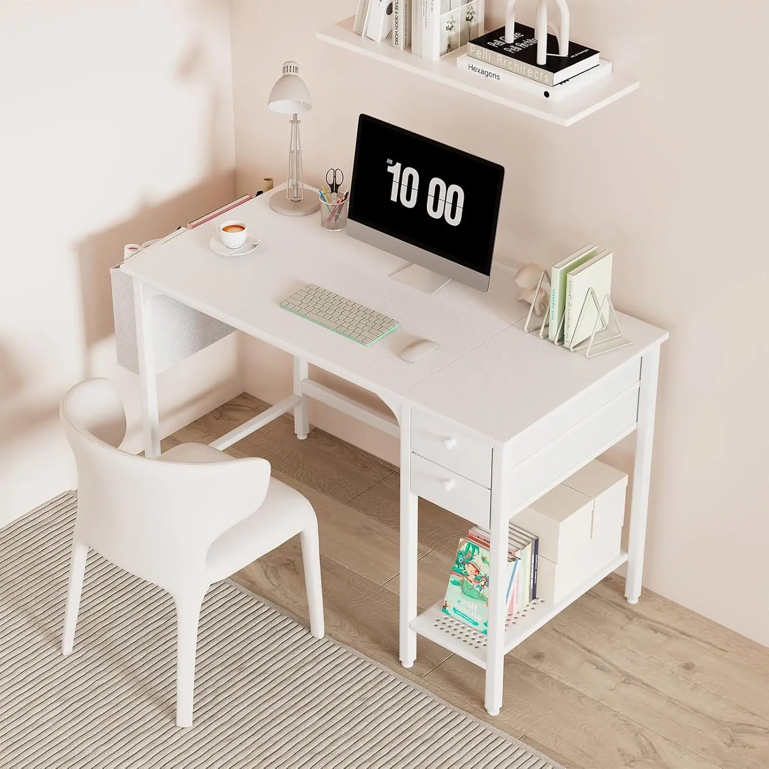 White Small Desk with Drawers - 40 Inch Computer Desk for Small Space Home Office, Modern Simple Study Writing Table PC Desks