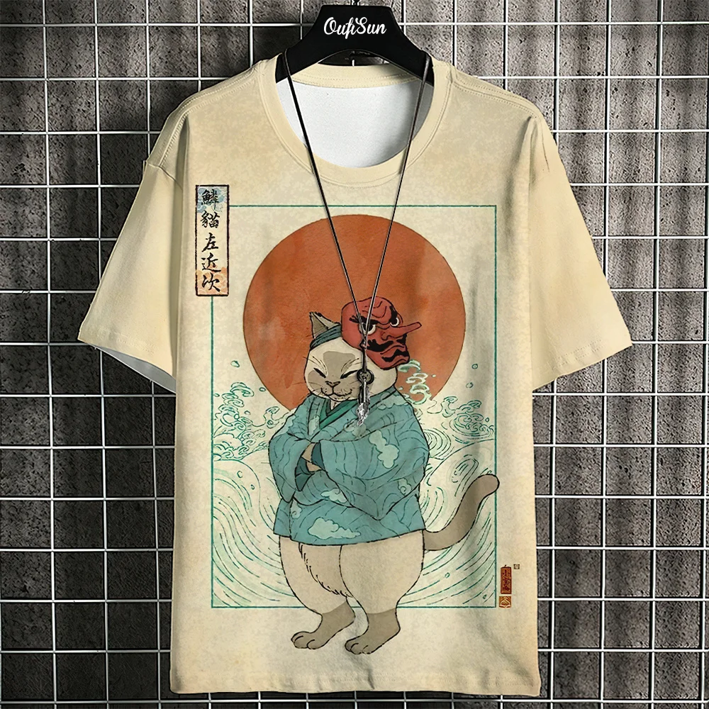 Japanese Style Man T Shirts Ukiyo-e Painting Animal Printed Tees Casual Loose Short Sleeve T-shirts Oversized Men Clothing Tops
