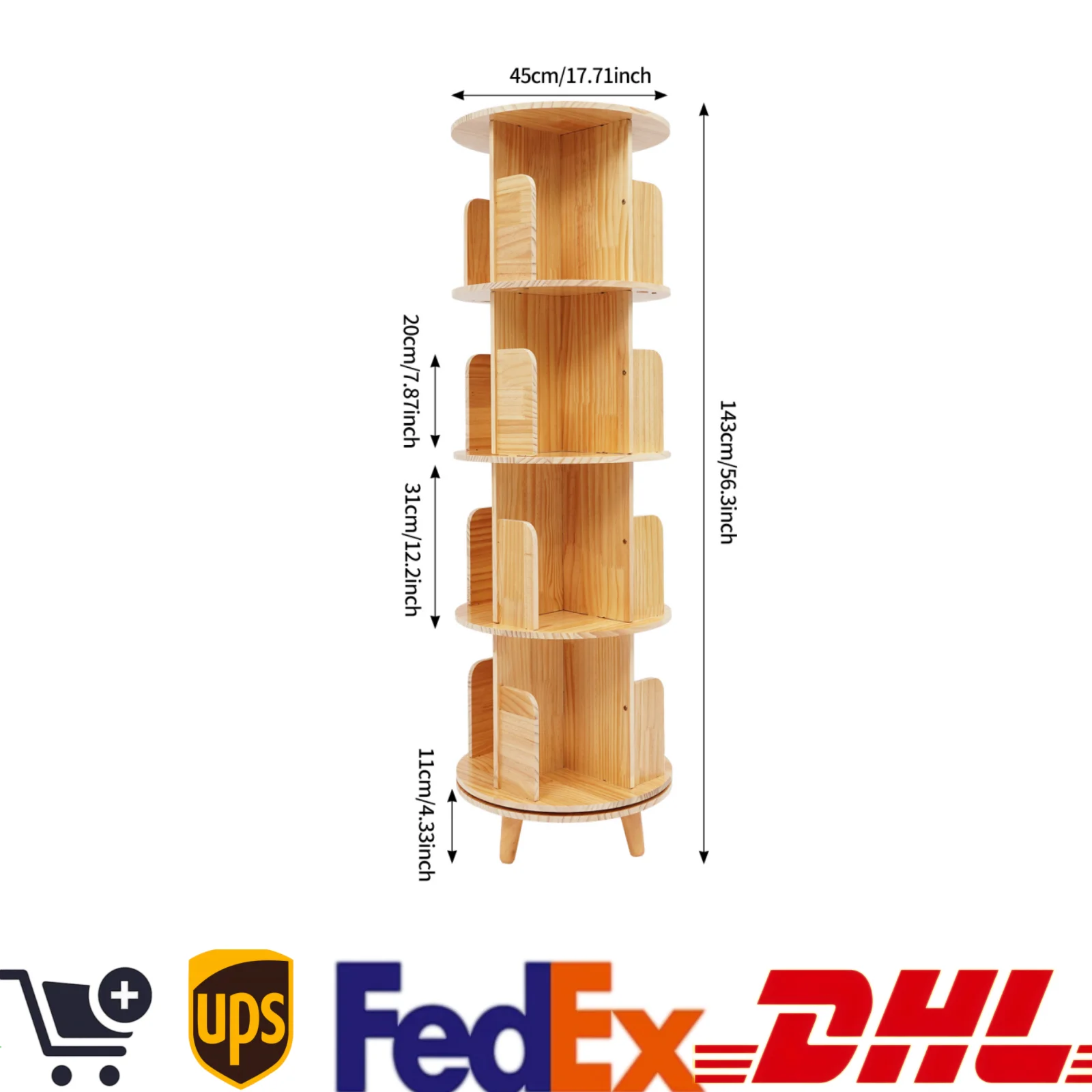 4 Tiers Freestanding Pine Wood Rotating Bookshelf, 360 Degree Bookcase Storage Rack, Multi-Functional Wood Bookshelf Organizer, Cylindrical for Storing Books, Precious Souvenirs