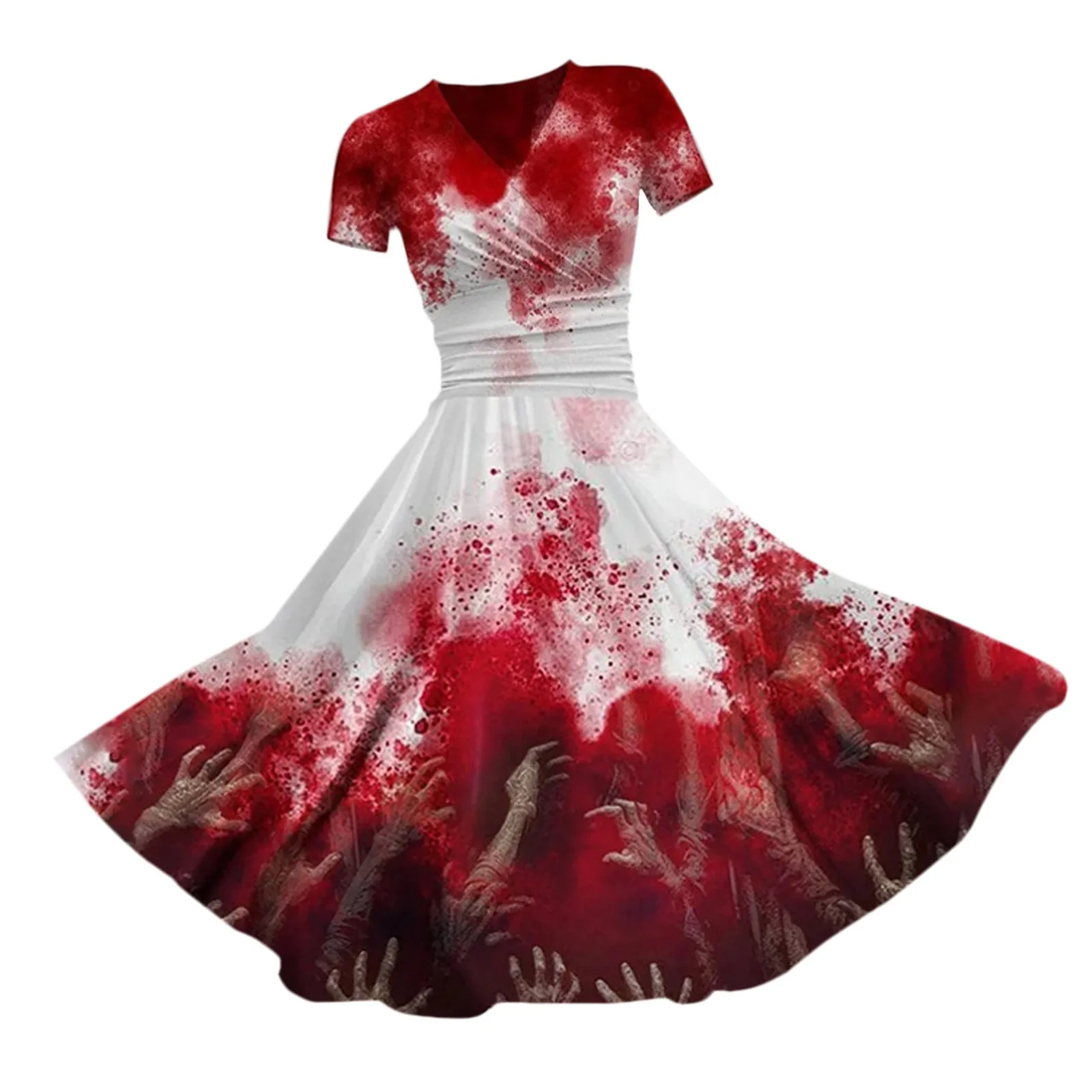 Women Vintage Halloween Dresses Blood Printed V Neck Short Sleeve Pleated Tucked Waist Long Dress Chic Lady Halloween Dresses