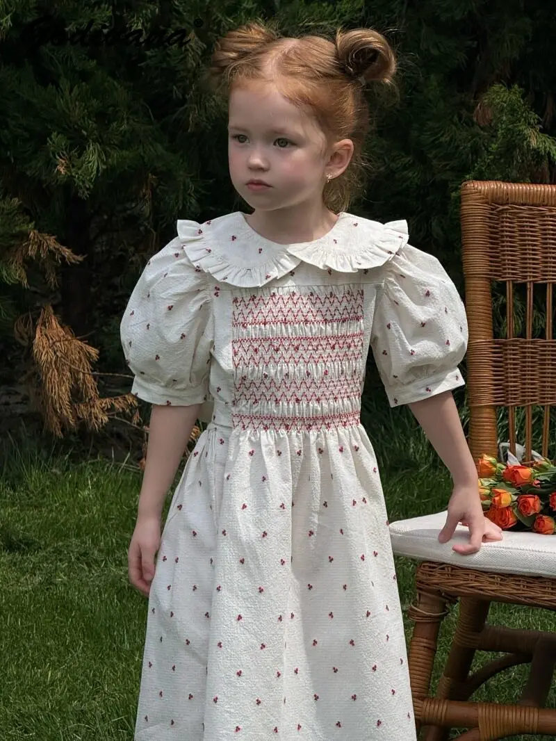 Original Sweet Baby Girls French Vintage Fashion Cherry Embroidered Princess Dress Summer 2026 Kids Doll Collar Ruffle Dress