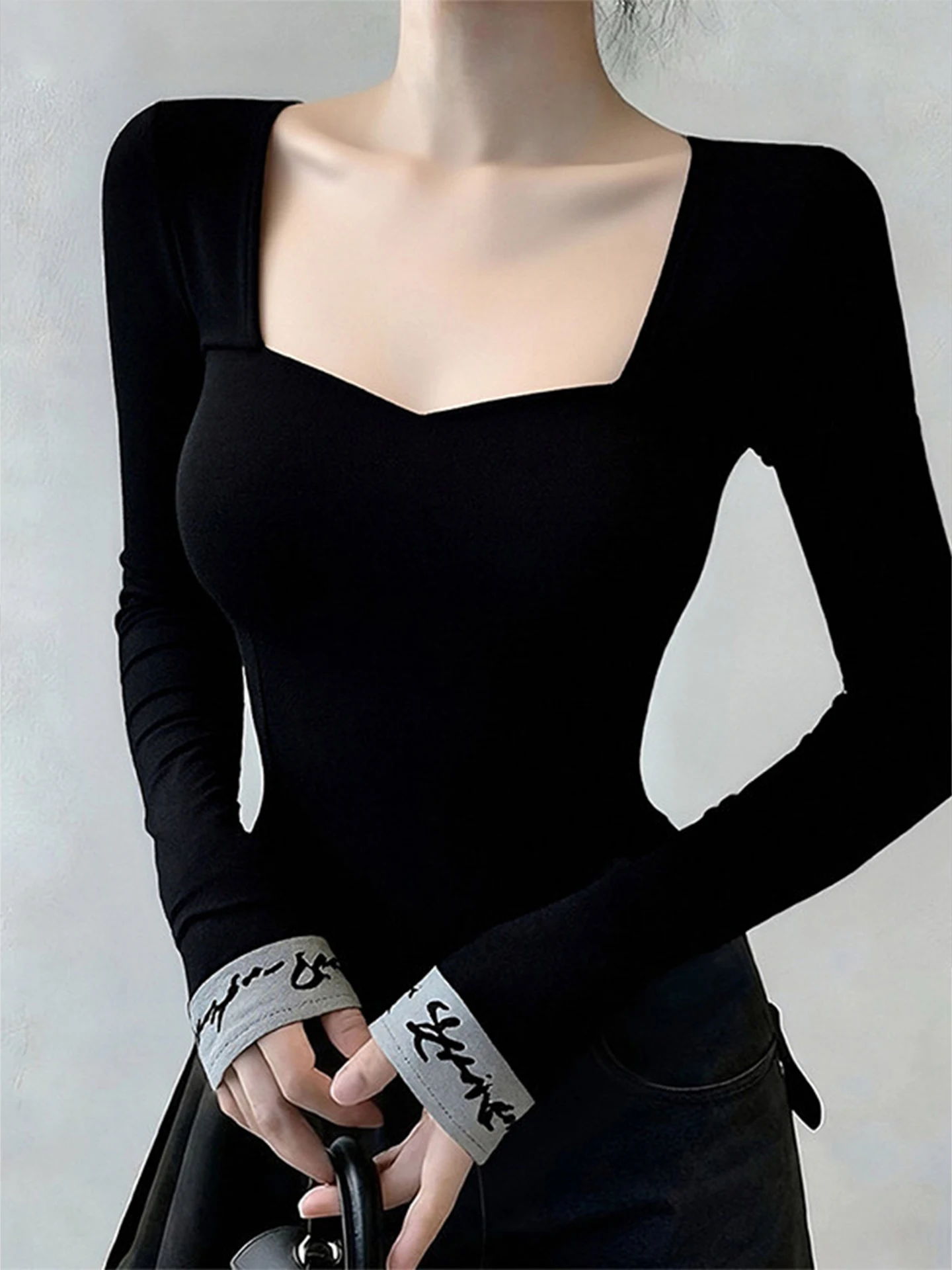 

Женская футболка Ele Bla Fibone с квадратным воротником, облегающая длинная све, внутренняя одежда, футболка Ci Walk, подходит для девочек