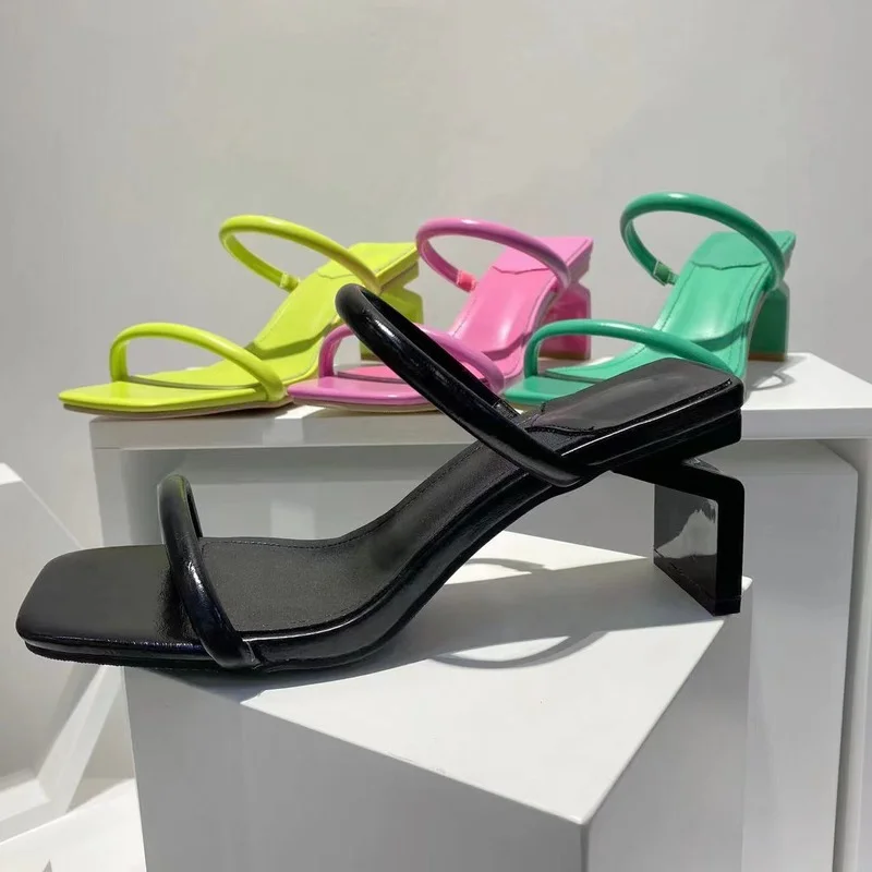 

High-heeled sandals women's summer 2022 crystal heels outwear large size one word square open toe brand slippers and sandals