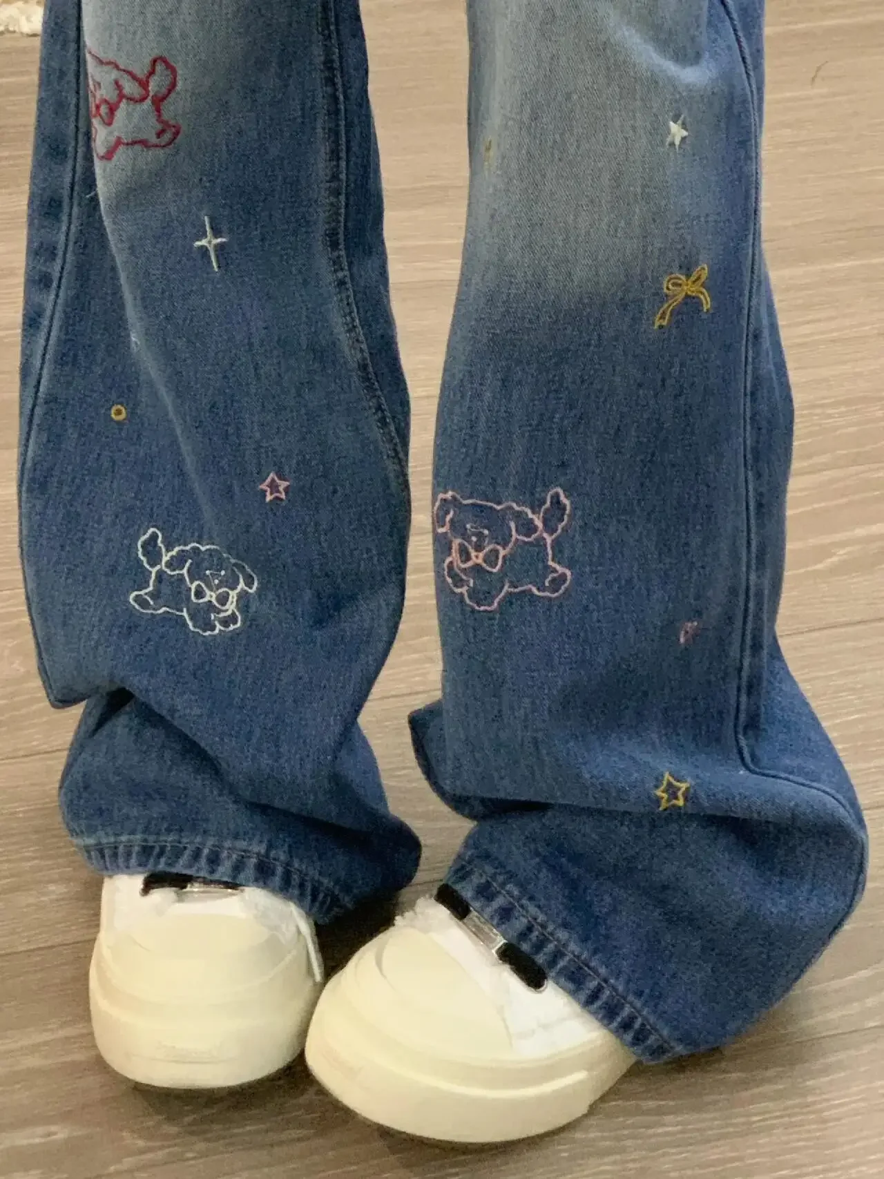 American vintage Puppy Embroidery Blue Straight Jeans Women Summer Small Loose Narrow Wide-Leg Pants Trousers damskie jeansy