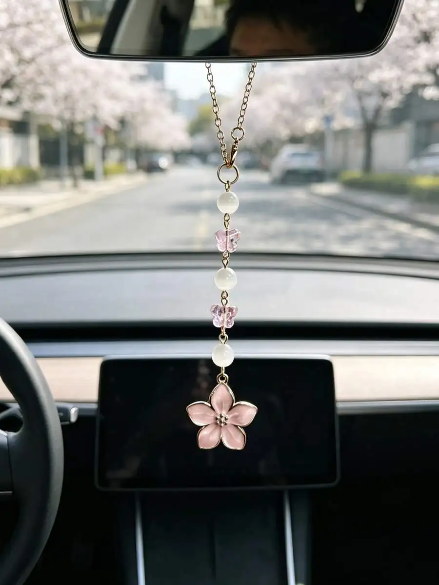 Oil-Drip Alloy Cherry Blossom Car Hanging Ornament, Women's Rearview Mirror Accessory, Exquisite In-Car Decor Pendant,