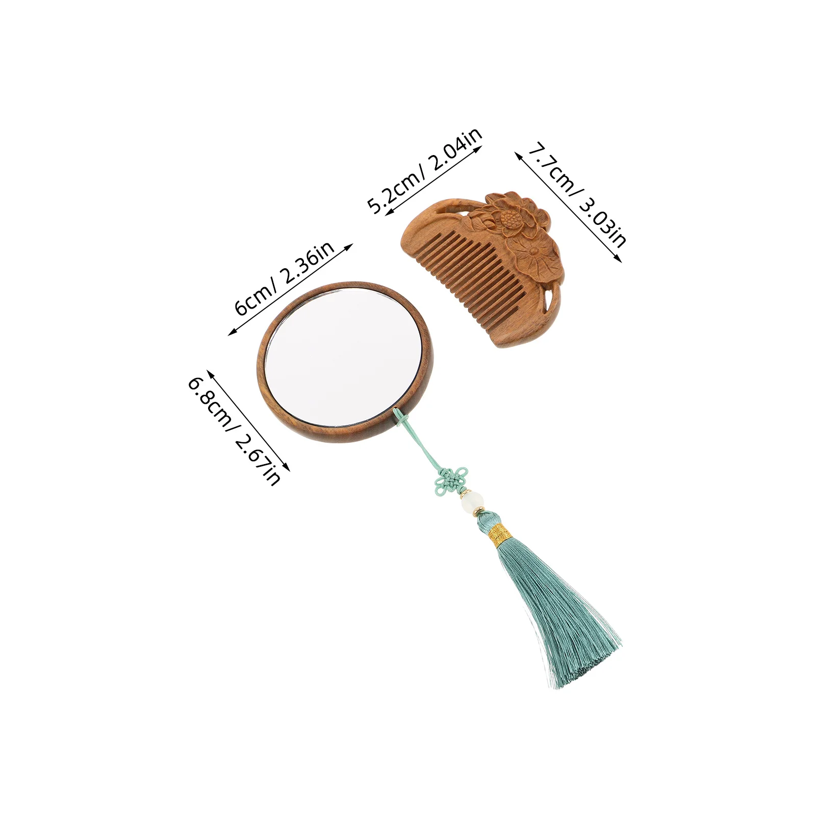 1Set Vintage Wooden Hand-Carved Comb Mirror Compact Portable Travel Makeup Mirror Gentle Hair Comb Set Elegant Design