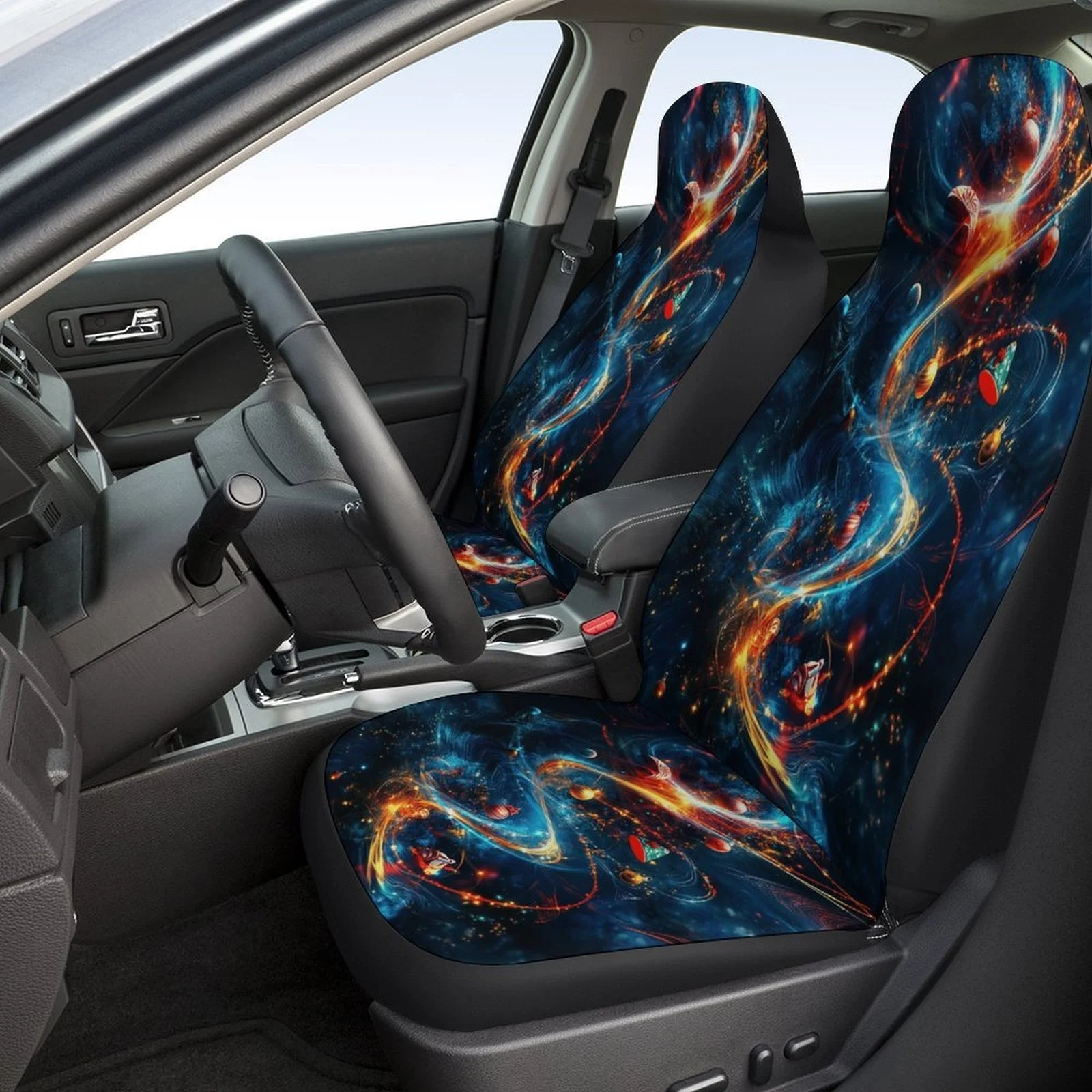Set Of Car Seat Covers Featuring A Cosmic Christmas Spiral Design, Suitable For Most Vehicles. These Trendy And Breathable Decor