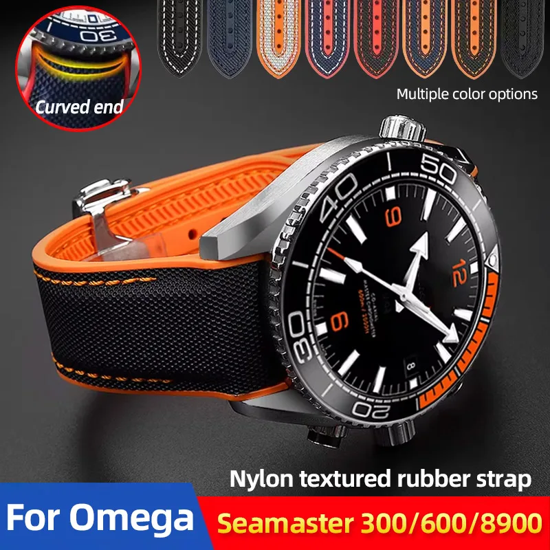 Nylon textured rubber Strap For Omega Seamaster 300 600 Ocean Speedmaster 8900 Planet Ocean 20m 22mm Curved end men WatchBand