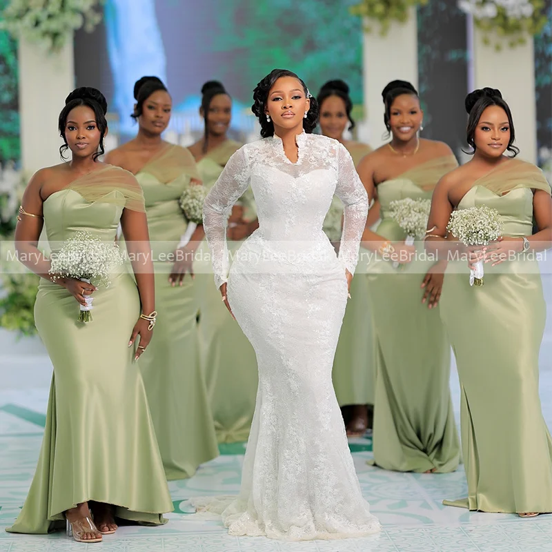 

Платья для подружек невесты цвета шалфейного зеленого, с одним открытым плечом, из фатина, на заказ