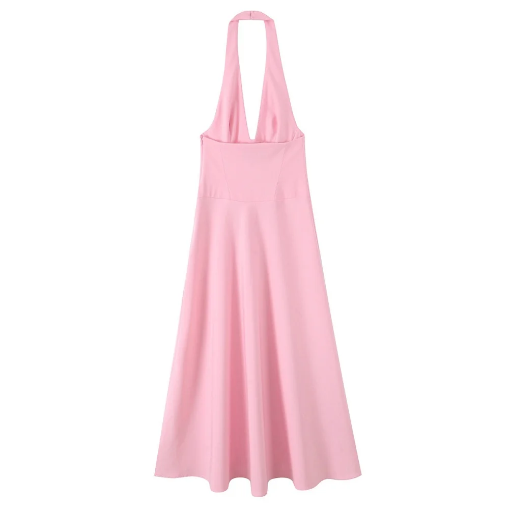 Women's Solid Color Hanging Neck Collar Midi Dress V-neck Sleeveless backless Side Zipper Summer New Sweet Long Dress