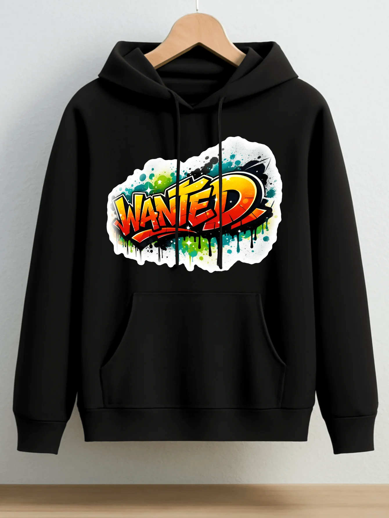 Street Graffiti Wanted Letter Graphic Pullover Hoodie, Unisex Casual Sweatshirt, Color Splash Drip Spray Paint Text Print