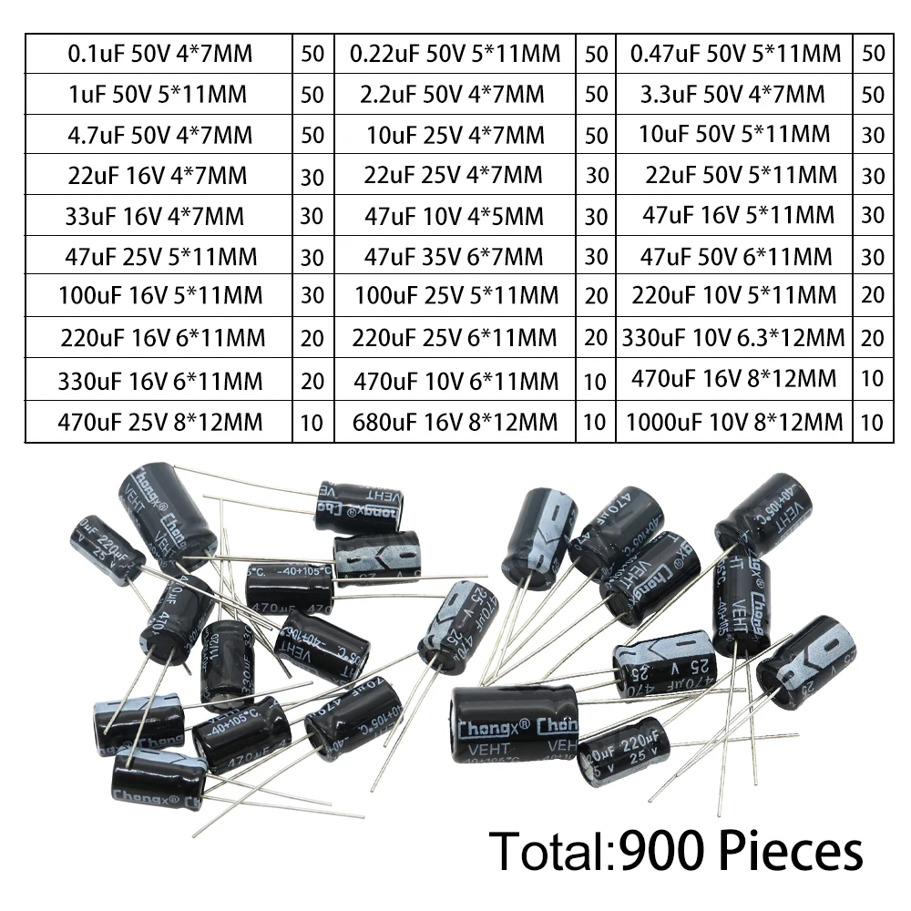 900PCS 1000uF 10V 30Values DIP Electrolytic Capacitor Kit 0.1uF-1000uF for Electronics Projects  3.3uF 50V  680uF 16V 100uF 25V