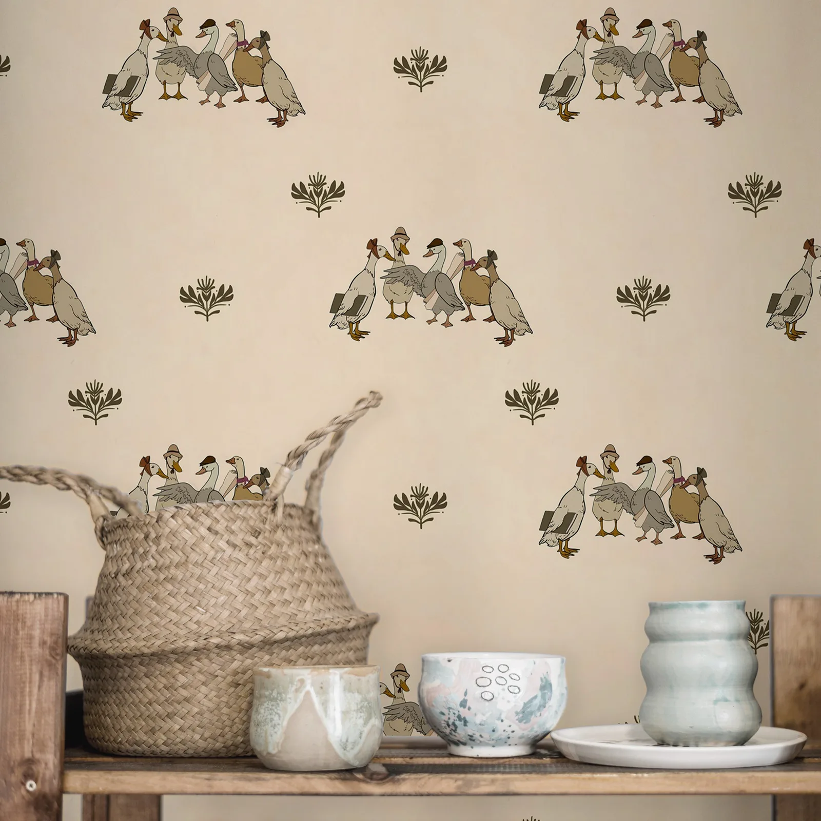Retro Ducks Wallpaper ,Peel and Stick Or Tradition Un-paste Wallpaper, Renter Friendly Wall Decor Whimsical Vintage Floral Mural