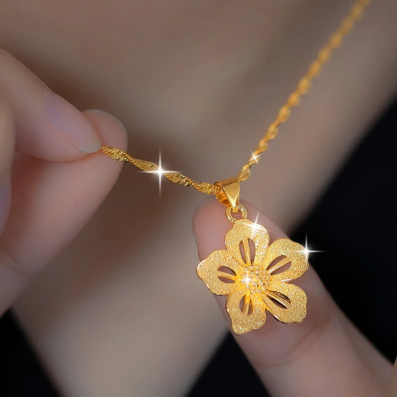 9999 24K real gold flower pendant ethnic style plum blossom collarbone chain retro flower necklace