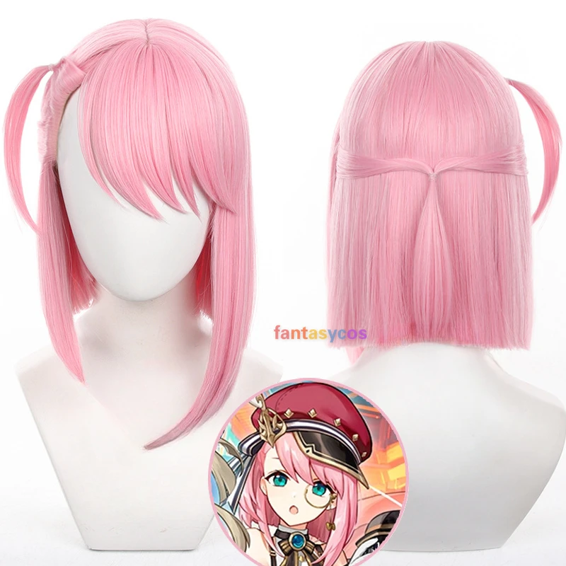 

Genshin Impact Charlotte Cosplay Wig 30cm Women Short Pink Heat Resistant Synthetic Wigs for Halloween Role Play + Wig Cap