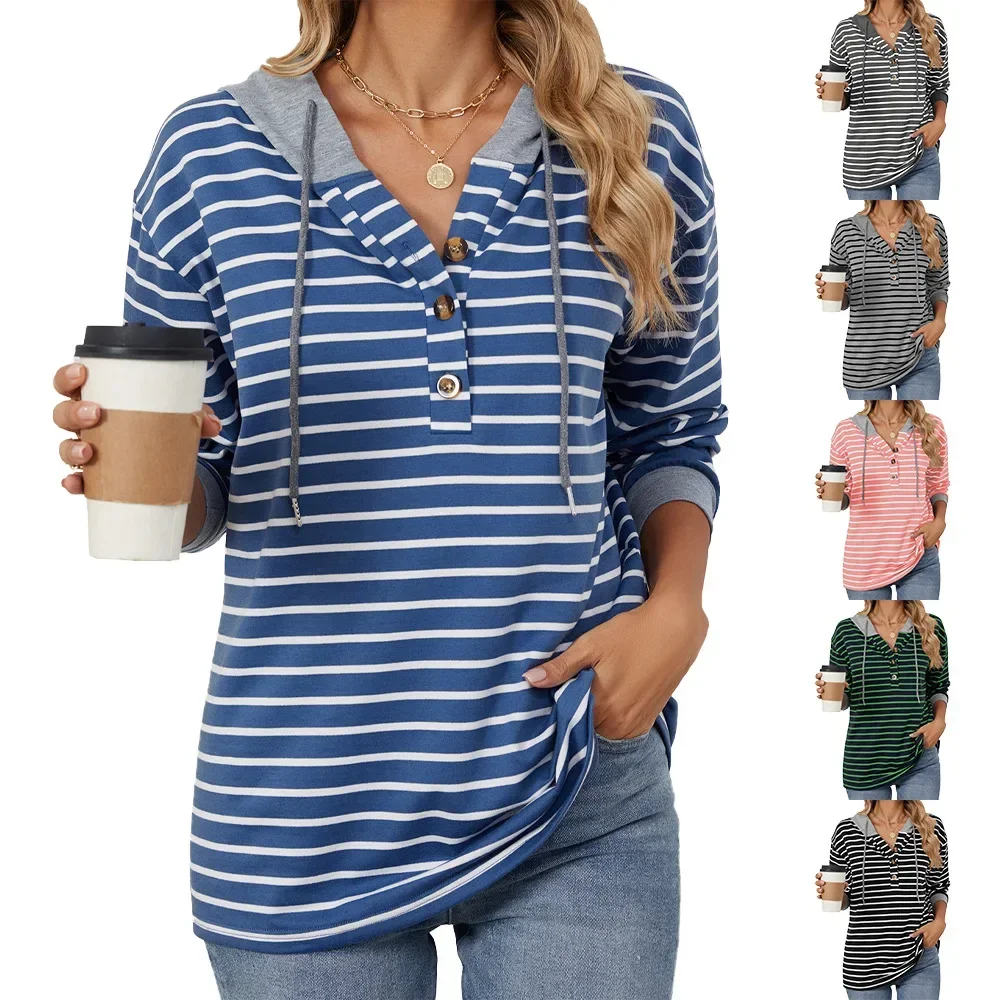 

Pop Autumn New Fashion All-match Casual Daily Cozy Chic Hoodies Women Striped Contrasting Colors Patchwork Loose Hooded Sweatshi
