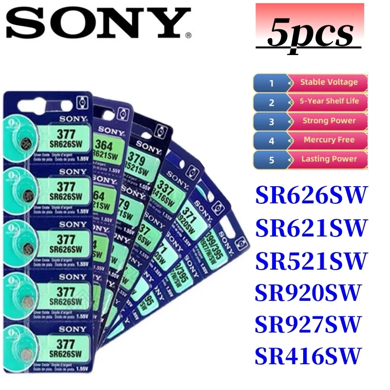 5 قطعة الأصلي لسوني 337 SR416SW 364 SR621SW 371 SR920SW 377 SR626SW 379 SR521SW 395 399 SR927SW Batteria