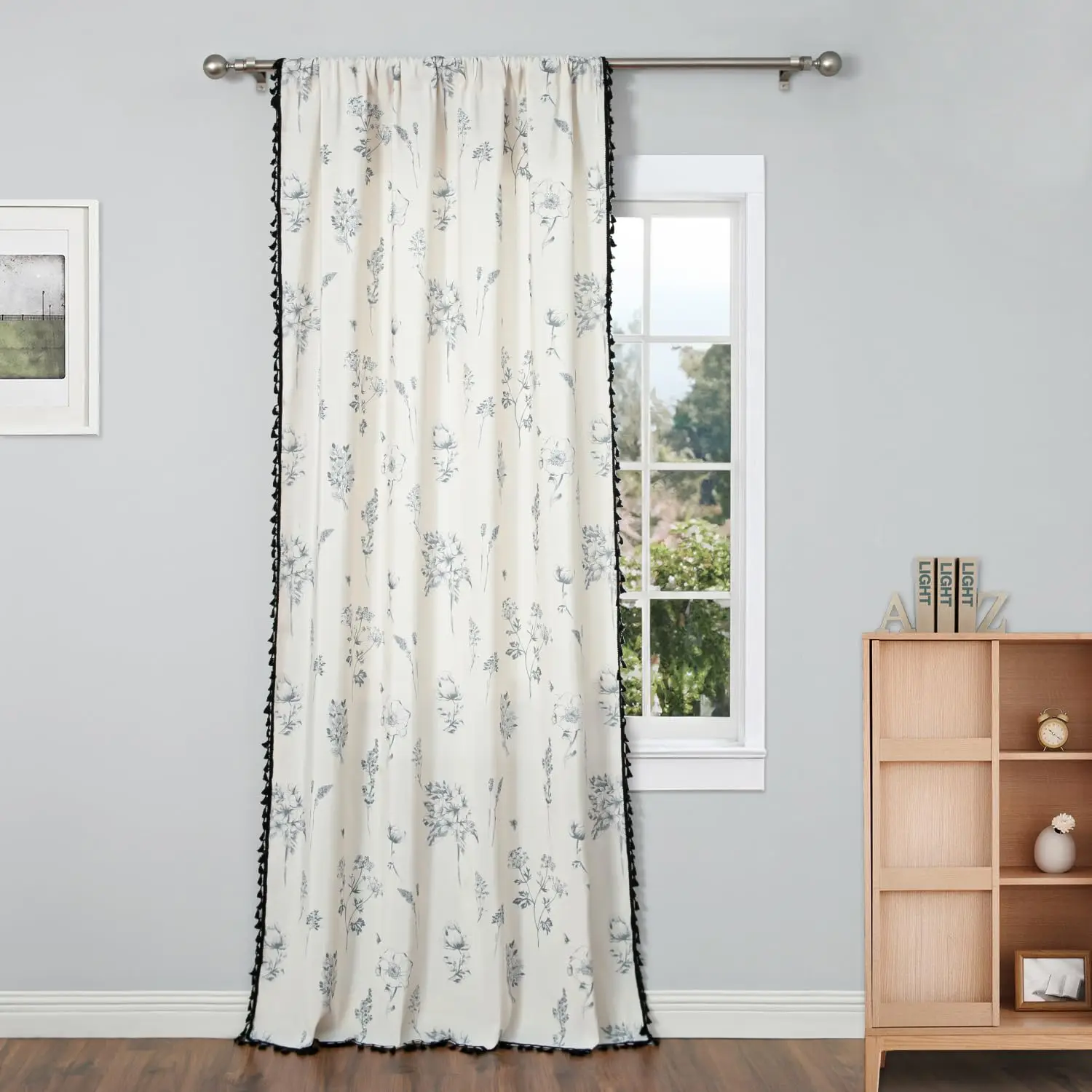 

Black Floral Farmhouse Curtains, Cotton Linen Boho Window Curtain with Tassel Rod Pocket Bedroom Macrame Drapes Flower Curtains