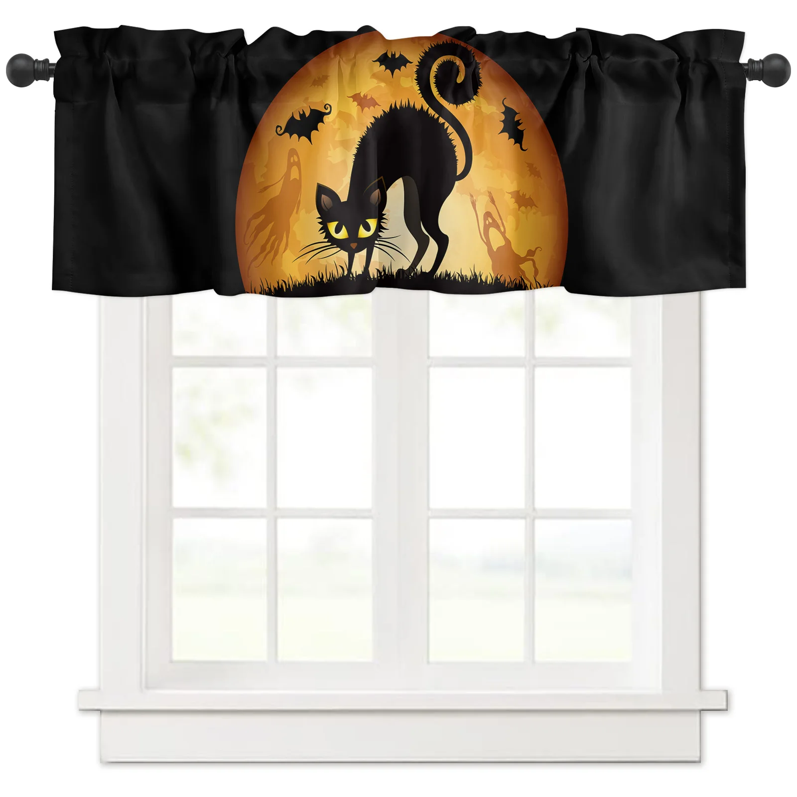 ZEDLIYU Valances for Windows Kitchen Living Room Small Window Valance Hallowen Bat Black Cat Hallowmas 1 Panel