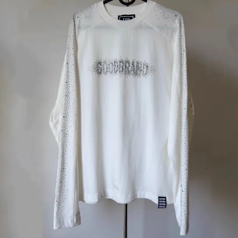 Starry Sky Shining Crescent Moon Hotfix Rhinestone Slogan GOODBRAND Long Sleeve Tshirts Men Women White Loose Tee Streetwear