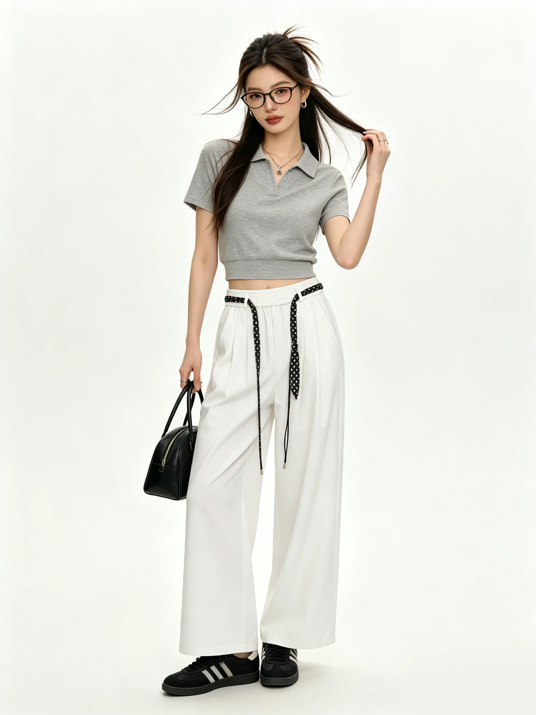 

Casual High Waist Wide Leg Pants Polka Dot Bow Tie Drapey Slimming Summer Women's Loose Fit Straight Tube Trousers