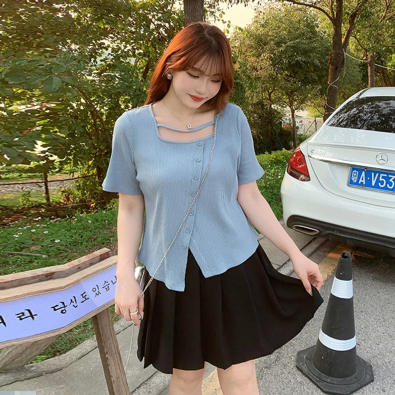 Plus size，Slightly Fat Shoulder Top Large Summer Fat mm Skin Covering and Slimming Irregular T-shirt 3013