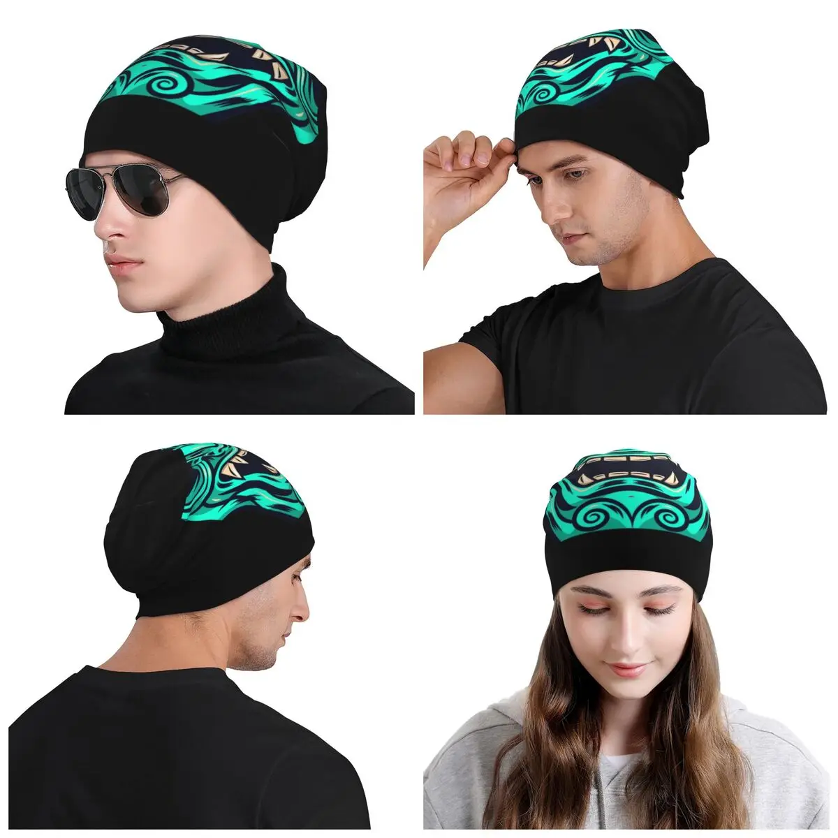 Benutzerdefinierte Teal Blue Samurai Krieger Oni Streetwear Winter Warme Frauen Männer Gestrickte Hüte Erwachsene Japanische Dämon Teufel Ninja Motorhaube Hüte