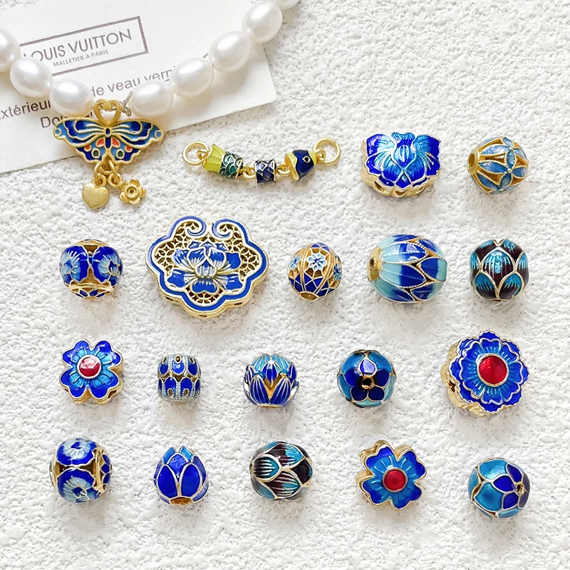 4pcs Enamel Gold Cloisonne Blue Braised Blue Butterfly Pod Pendant Diy Handmade Jewelry Bracelet Necklace Accessories