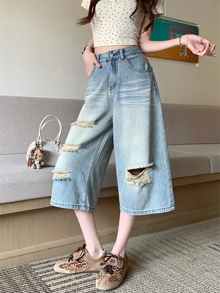 

High Waist Wide Leg Straight Cut Jeans Women's Summer New Style Casual Washed Blue Denim Pants Casual Versatile Loose Fit