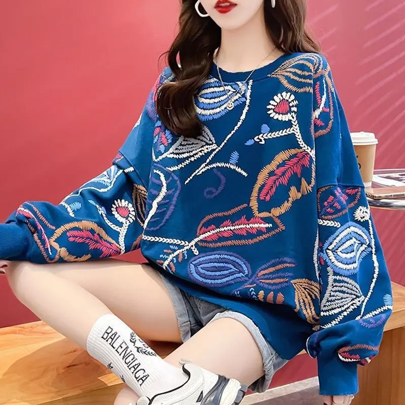 Fashion O-Neck Loose Casual Printed Sweatshirts Female Clothing 2024 Spring New Oversized All-match Tops Korean Sweatshirts