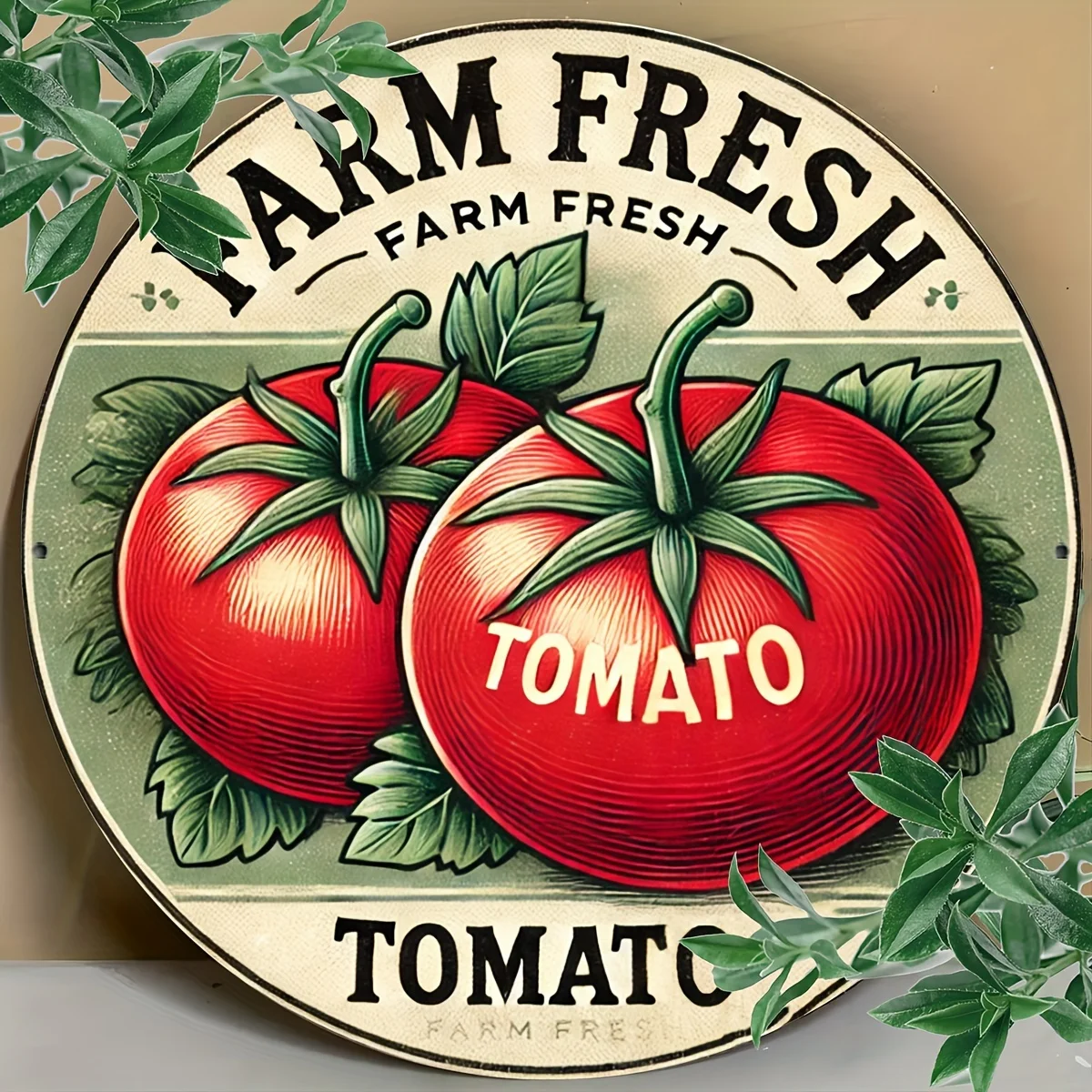 Farm Fresh Tomato Retro Print 2D Round Tin Sign, Rustic Vegetable Metal Wall Plaque, Kitchen Farmhouse Indoor Outdoor Hanging Ho