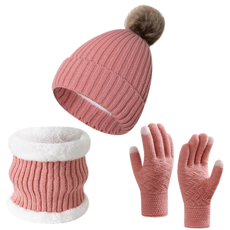 Men Women 3pcs set Hat Winter Knitted Hat Big Hair Ball Warm pile intensification Winter Knitted Hat Scarf and gloves